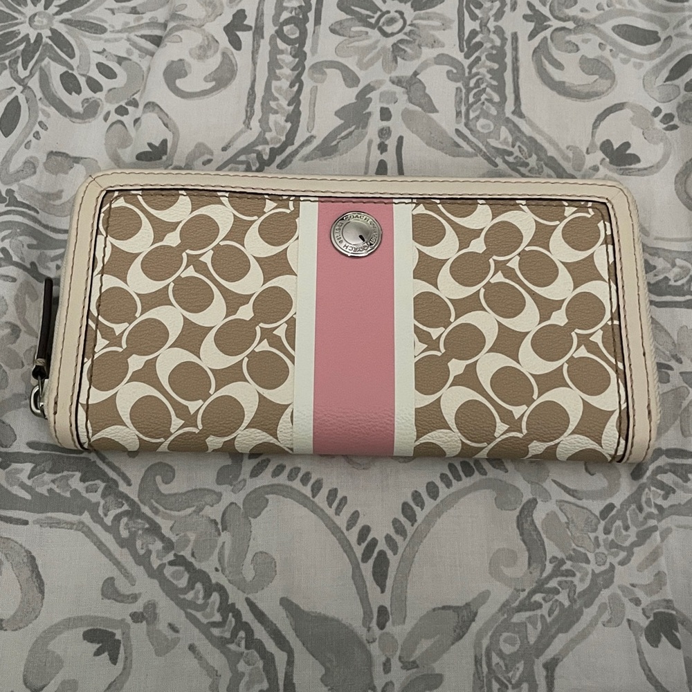 Coach Chelsea Signature Heritage Pink White Stripe Accordion Zip Wallet